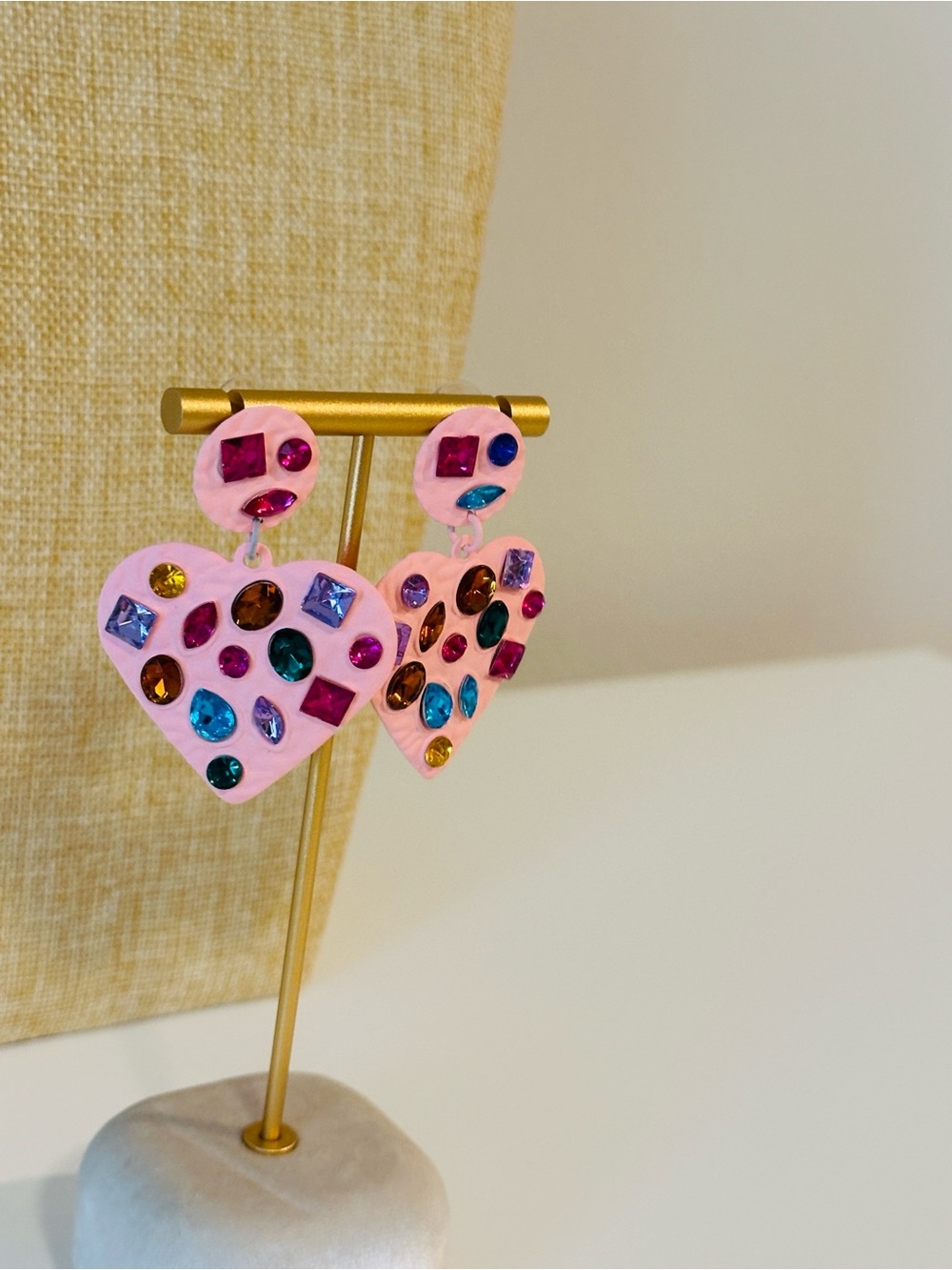 Fashion Jewelry Pink Heart Earrings with Multicolor Gems